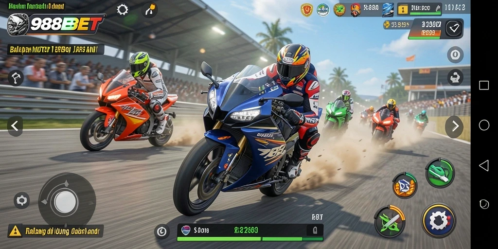 Screenshot permainan <strong>988BET</strong> menampilkan aksi balap motor yang intens.