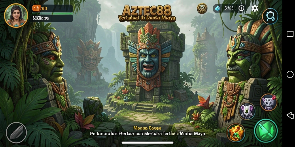 Screenshot gameplay AZTEC88 yang menunjukkan pertahanan menara melawan musuh.