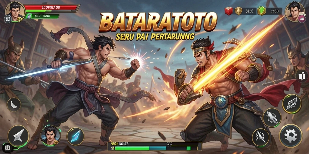 Tampilan gameplay BATARATOTO dengan karakter bertarung di arena.