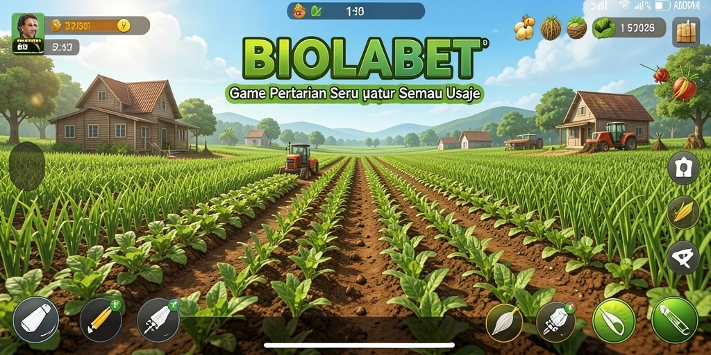 Tampilan gameplay BIOLABET dengan ladang yang subur dan aktivitas berkebun.
