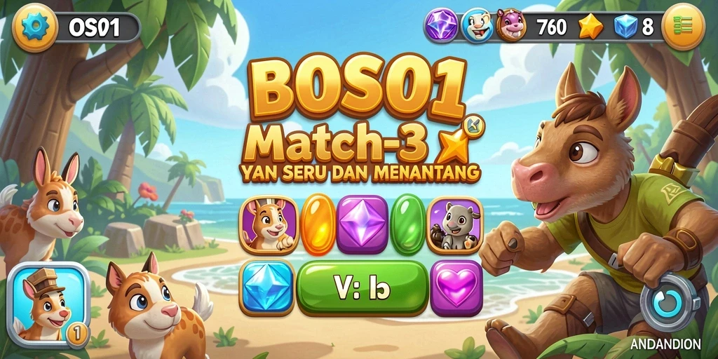 Screenshot gameplay BOS01 menampilkan perpaduan permata yang cerah dan tantangan seru.