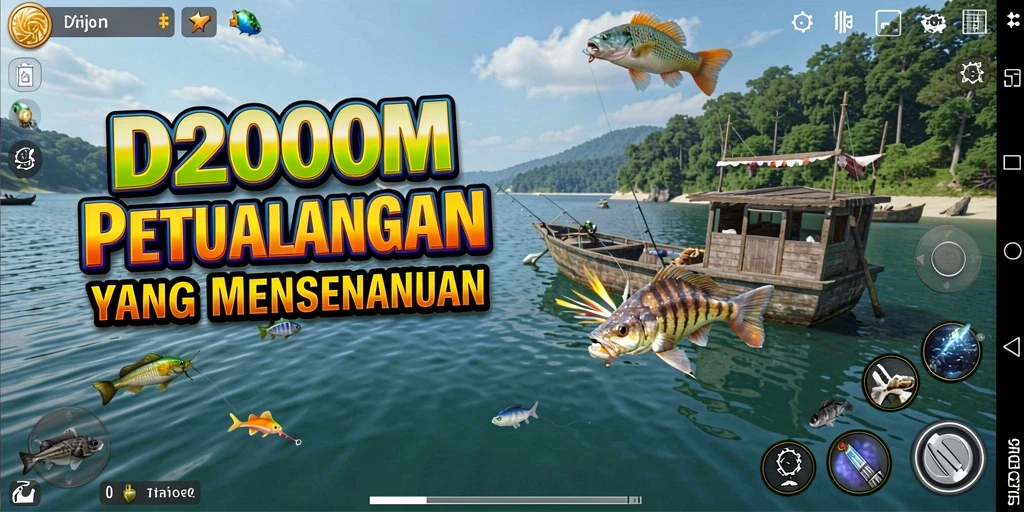 Screenshot gameplay D200M menampilkan pengalaman memancing yang mendebarkan.