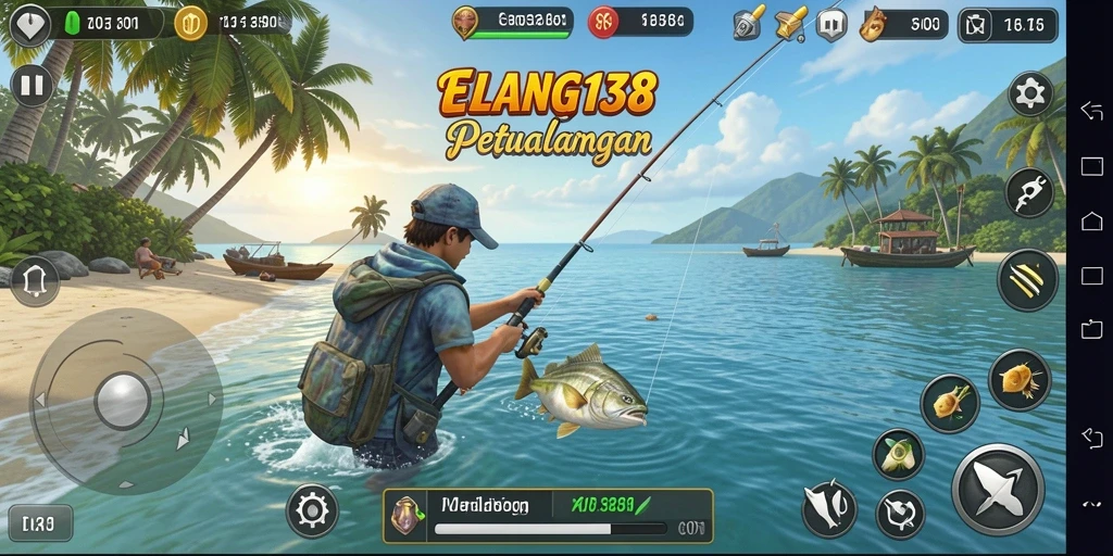 Tampilan gameplay ELANG138 dengan berbagai jenis ikan dan lokasi memancing.