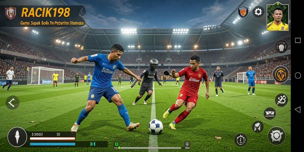 Screenshot gameplay yang menampilkan aksi seru di lapangan sepak bola.