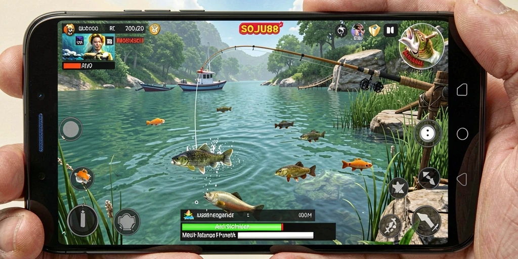 Screenshot gameplay SOJU88 dengan ikan besar yang ditangkap.